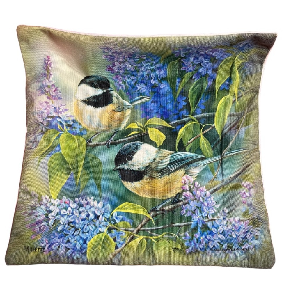 Danbury Mint Chickadees and Lilacs Pillow Cover Sz 14.5 - Picture 1 of 4